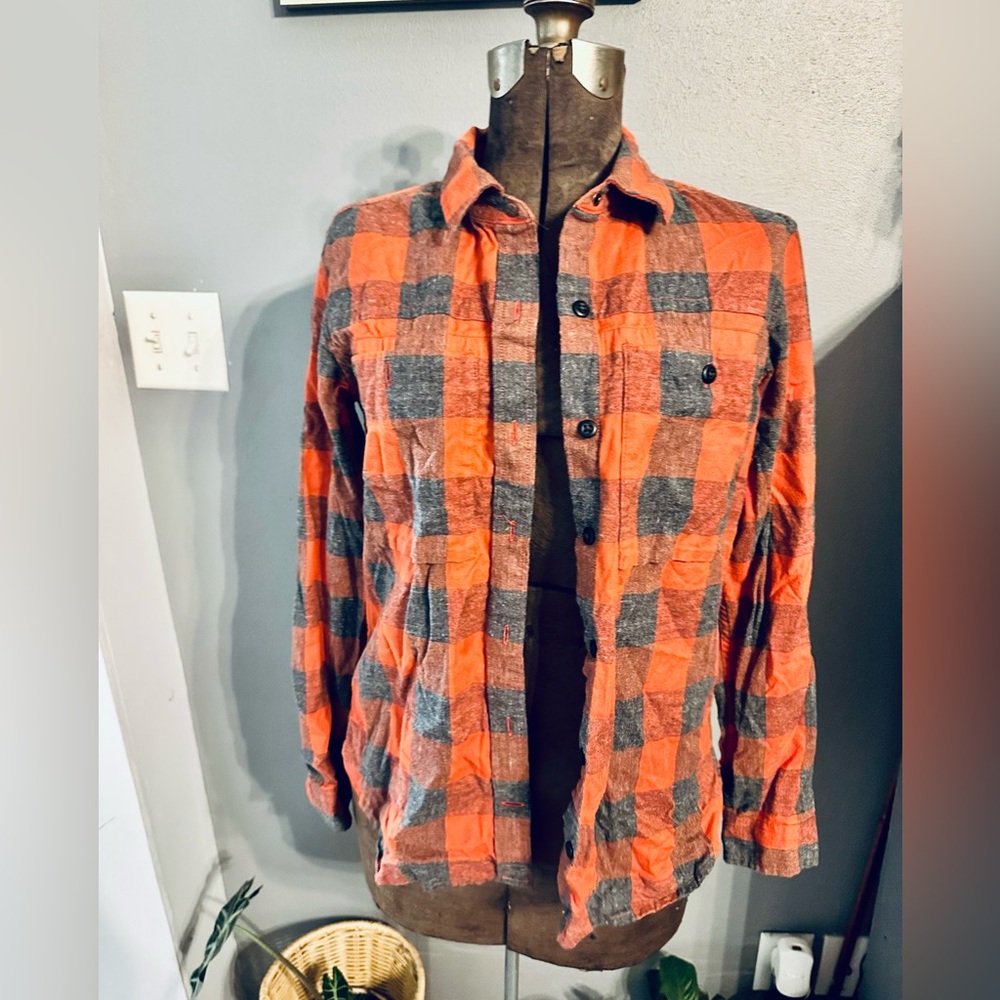 REI Co-op Mens Small Orange Grey Buffalo Plaid Flannel‎ Organic Cotton Shirt F21